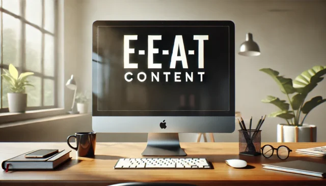 A stylish home office setup features an Apple computer, showcasing insightful E-E-A-T content on the screen. The desk includes a keyboard, mug, notebook, and stationery, complemented by plants and lamps in the background. Warm lighting creates a cozy atmosphere.